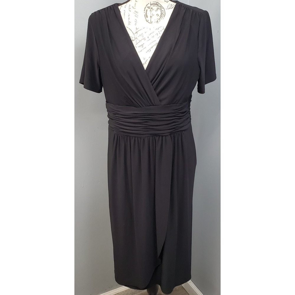 Evan-Picone Wrap Dress Womens 14 Black V-Neck Ruched Waist Cocktail Side Zip